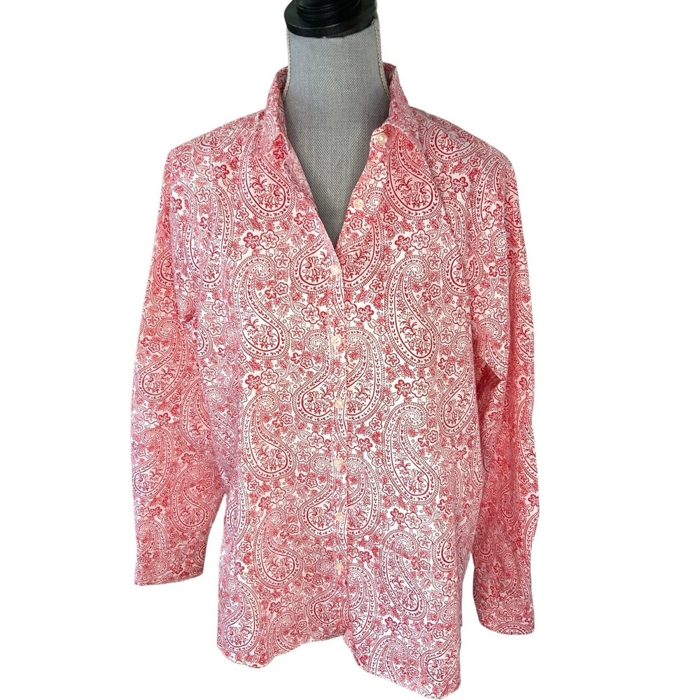Lands' End Supima No Iron Cotton Paisley Floral Button Up Shirt‎ Red White Sz 16